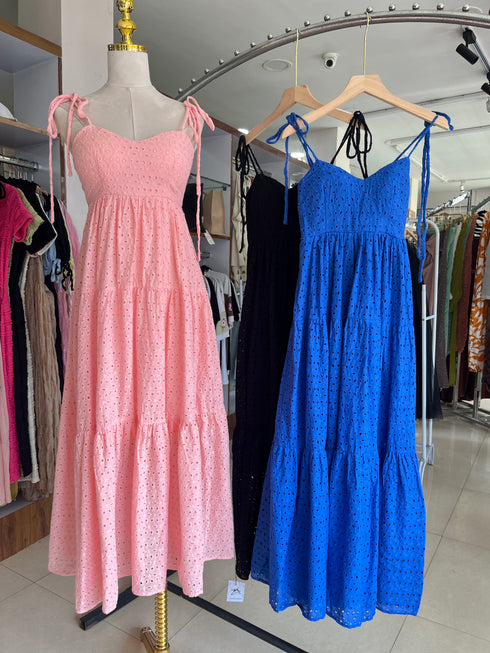 Summer Embroidered Patchwork Spaghetti Straps Flounce Long Dresses